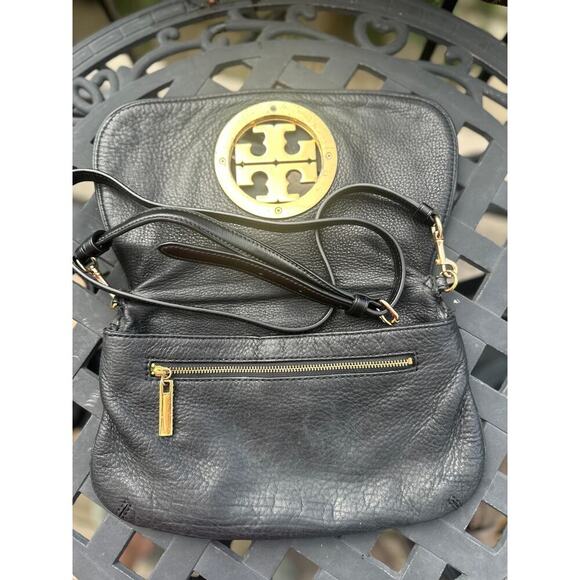 Tory Burch Amanda Black Pebbled Leather Gold Crossbody Shoulder Bag Clutch Purse - Picture 4 of 7